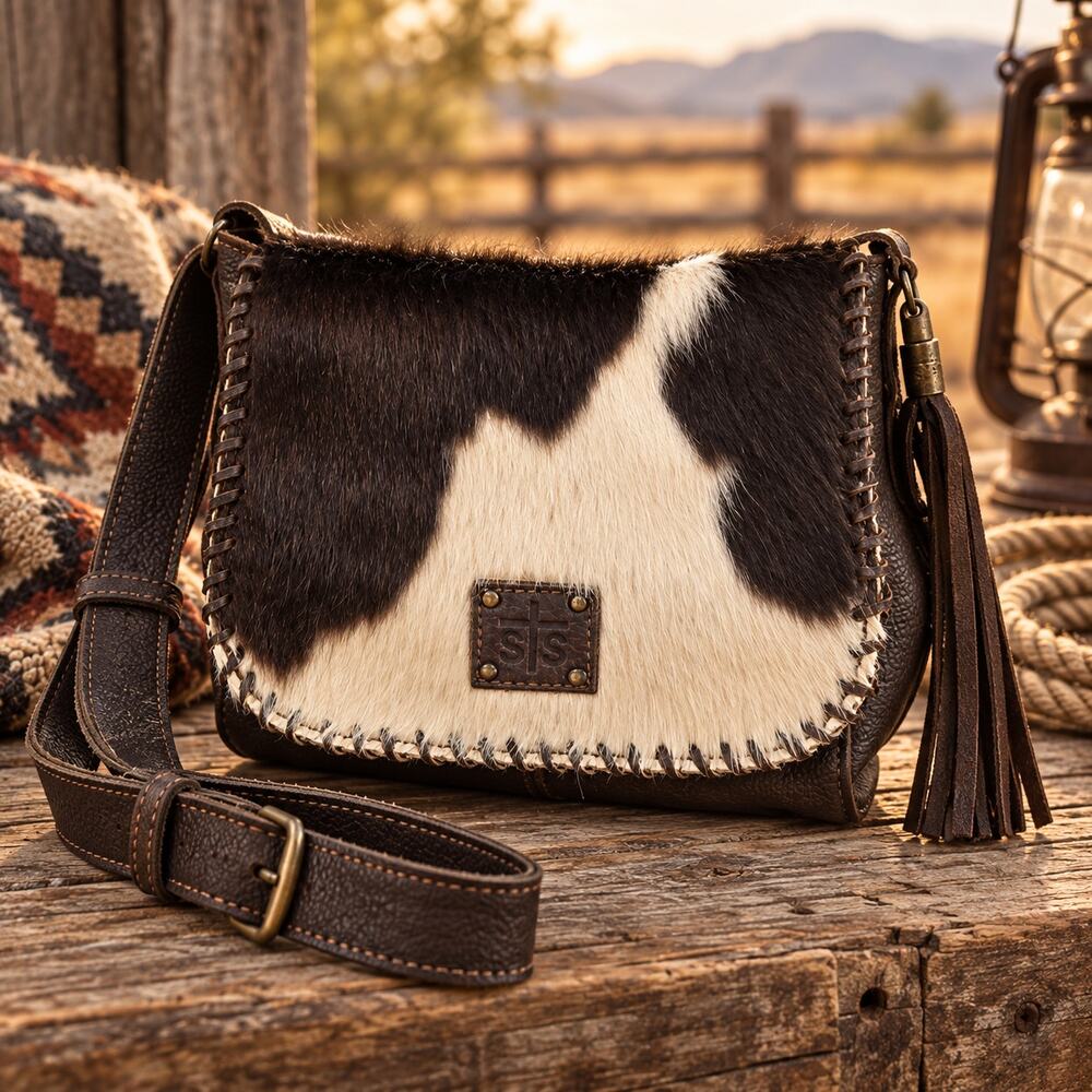 STS Ranchwear Cowhide Hair-On Hide Leather Crossbody Bag Western Whipstitch